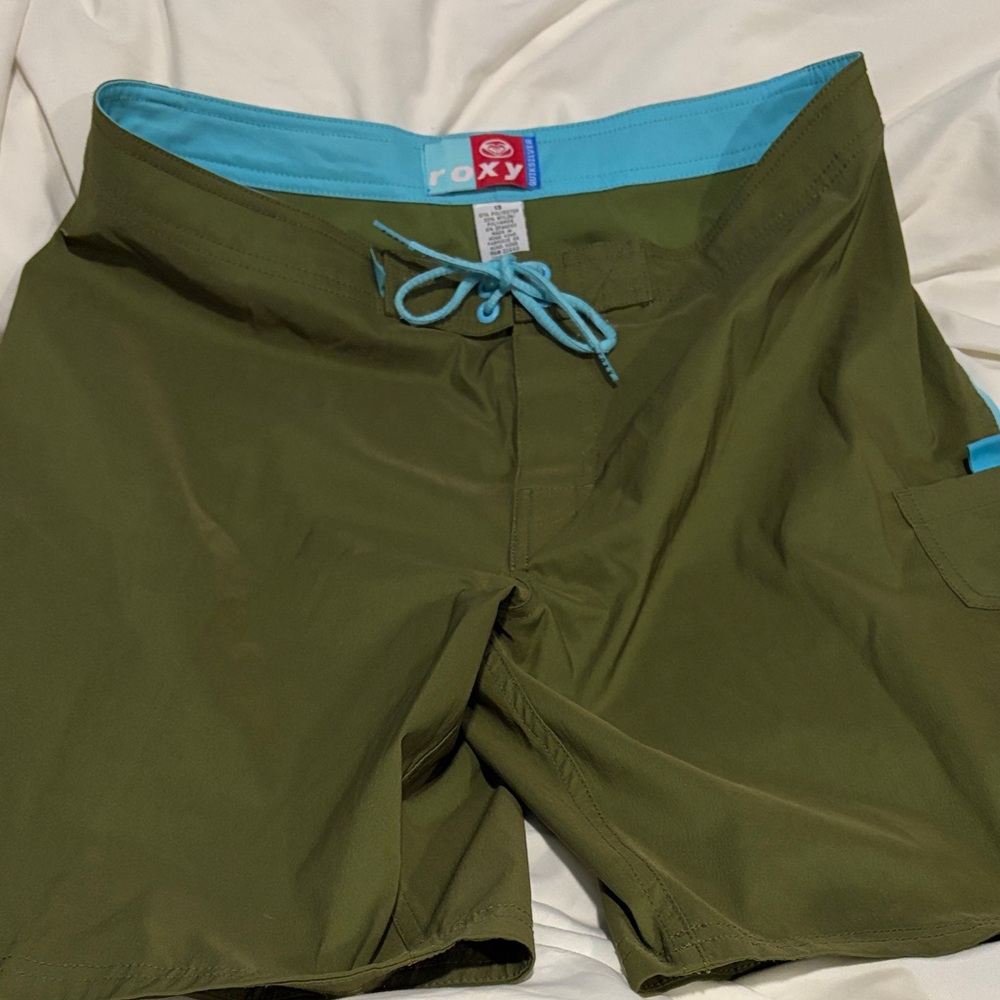 Roxy Men’s Olive Green Swim Board Shorts with Aqua Waistband